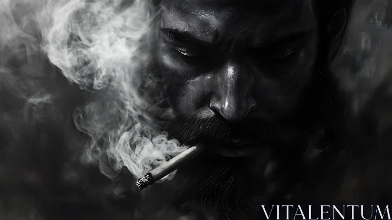 High contrast bearded smoker portrait in dense atmospheric smoke
