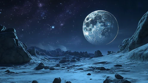 Lunar Ice Plateau Under Stellar Sky, 3D Cinematic Landscape.