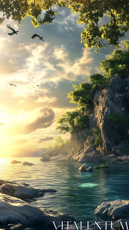 Sunlit Coastal Cliff with Flying Birds at Golden Hour