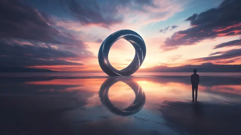 Reflective torus sculpture dominates tidal flat under luminous sunset