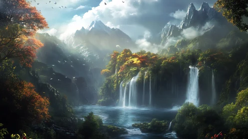 Cascading mountain waterfalls under luminous atmospheric light