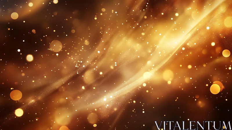 Golden abstract bokeh lights swirl in a dreamy, festive background.
