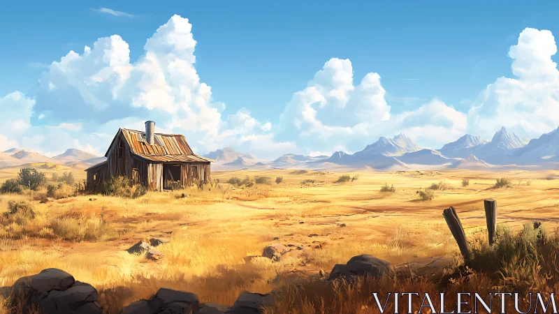 Weathered desert cabin under wide blue sky and clouds.