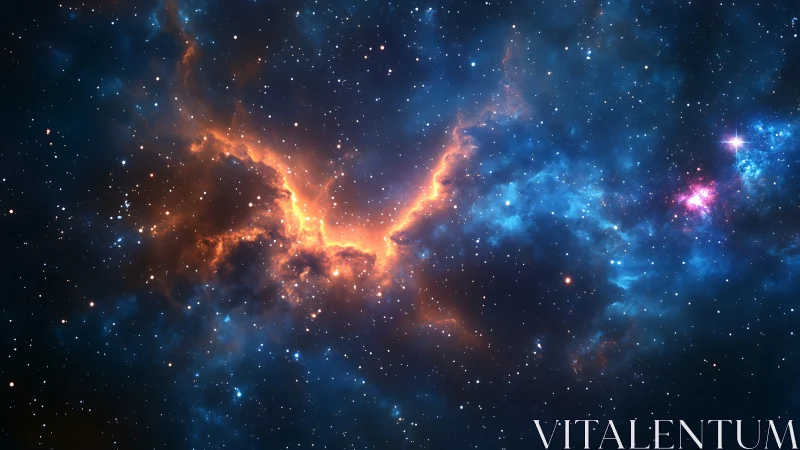 Radiant orange nebula arcs through deep blue stellar field