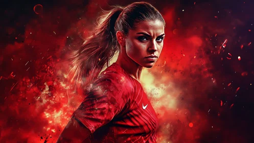 Fierce female footballer stands in blazing red energy storm