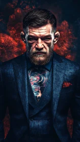Tattooed suited fighter stands before blazing red smoke.