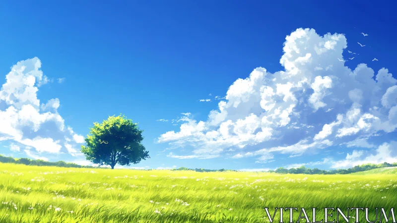 Single tree anchors saturated meadow under cumulonimbus sky