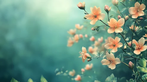 Delicate Peach Blossoms Blooming Against a Dreamy Turquoise