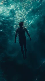 High-contrast overhead silhouette of swimmer in teal ocean
