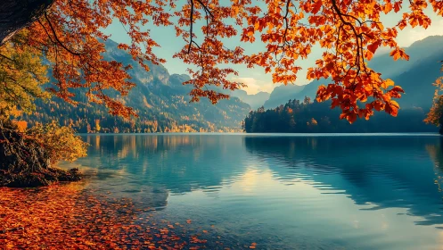 Autumn foliage framing still mountain lake panorama.