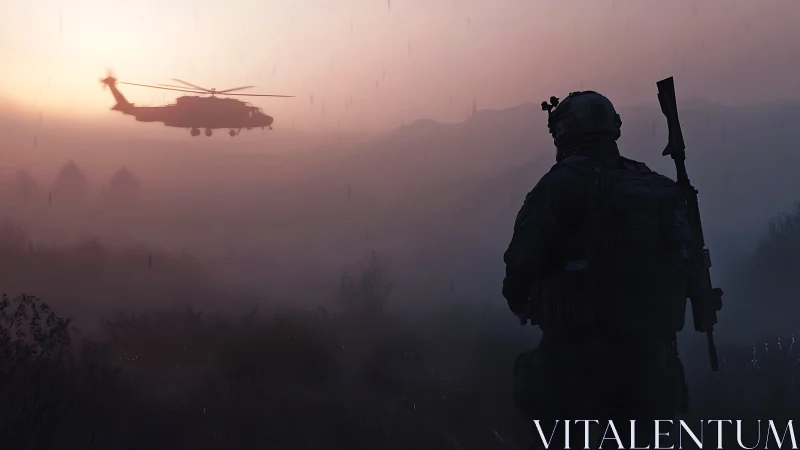 Soldier silhouette watching helicopter over misty battlefield.