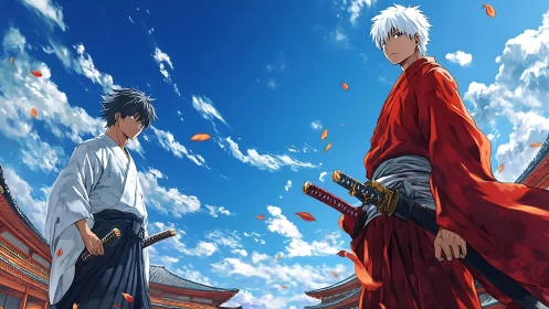 Two samurai duelists confront each other under a vivid sky