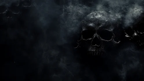 High-contrast skull cluster emerging through dense shadow fog