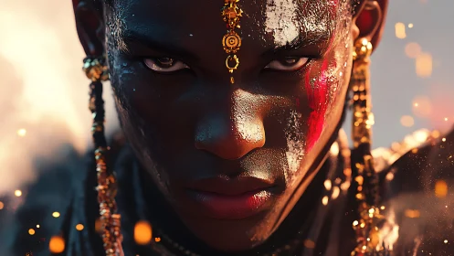 Fierce warrior’s gaze glows with paint, fire, and gold