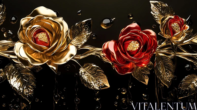 Metallic roses with gold leaves on black background display