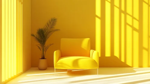 Monochrome yellow lounge with armchair in hard sunlight