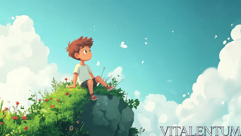 Boy sits on grassy hilltop under bright blue sky with clouds