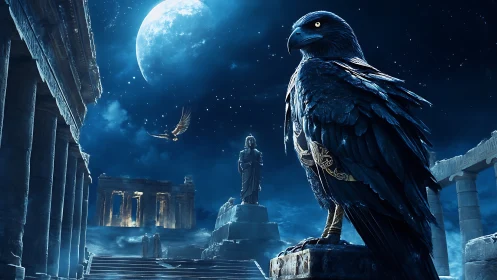 Monumental raven overlooks moonlit Greco-fantasy ruins at night