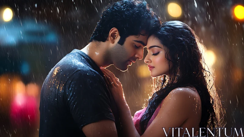 Romantic Rain Encounter: Cinematic Bokeh Portrait with Warm Urban Lighting