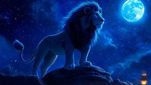 Majestic blue lion overlooks moonlit starlit valley.