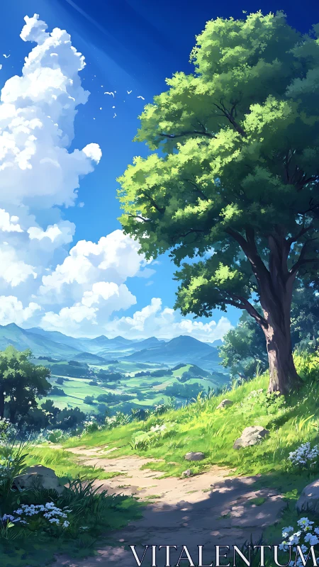 Sunlit hillside path overlooking distant green valleys.