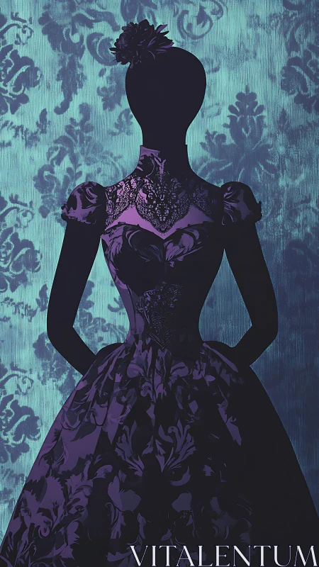 Silhouetted mannequin in baroque lace gown against teal damask