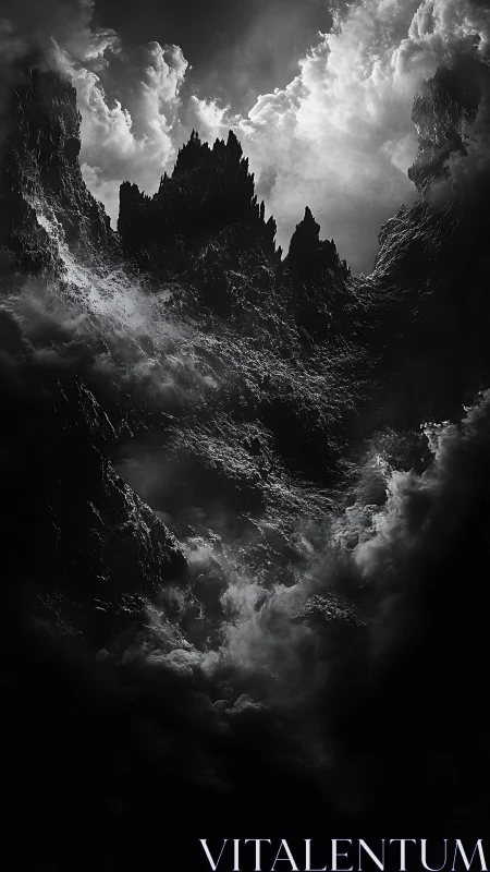 Stormlit obsidian peaks rising through restless cloud veils.