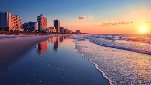 Sunlit coastal skyline mirrored in reflective wet shoreline.