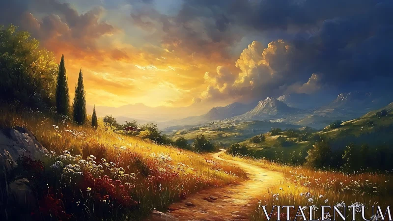 Sunlit country path wandering toward storm-kissed mountains.