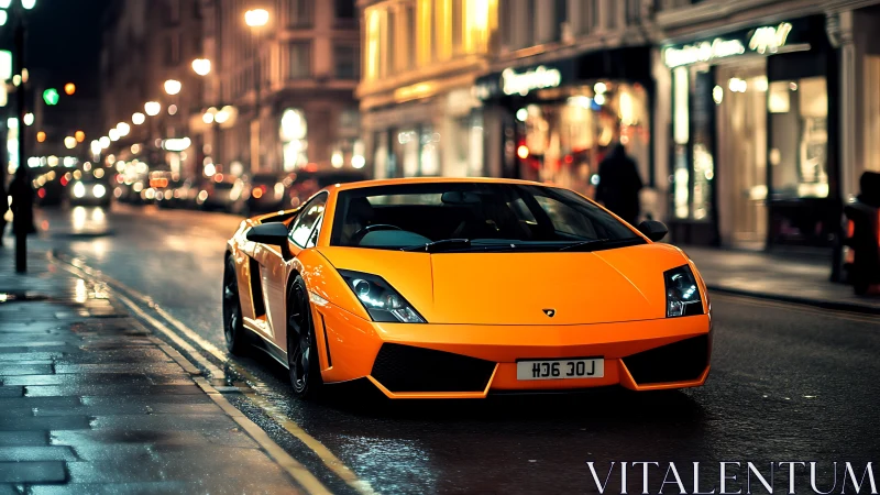 Orange supercar on wet city street under night bokeh lights.