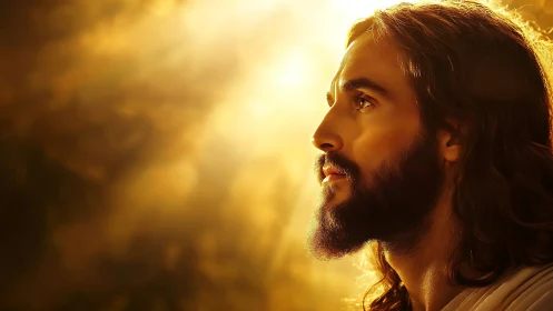 Luminous bearded profile in golden volumetric backlighting.