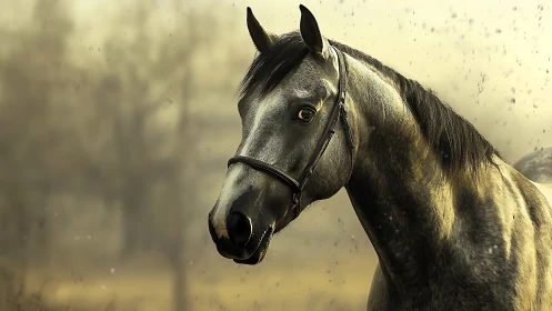 Grey horse portrait in soft light with blurred field.