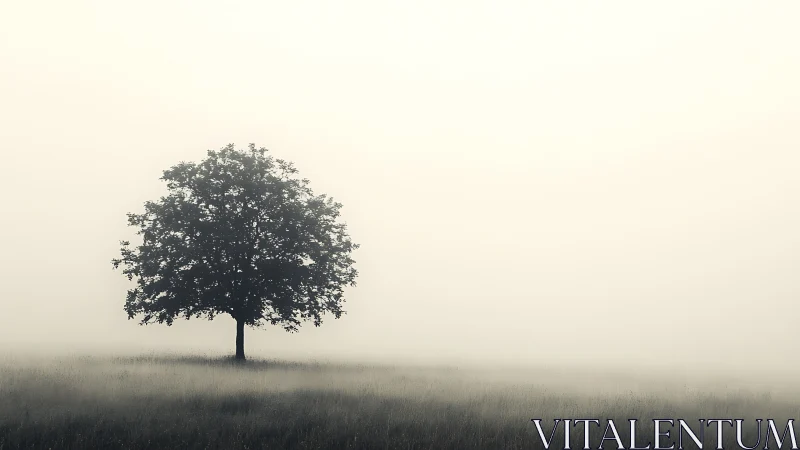Solitary tree stands in quiet fog over an empty meadow.