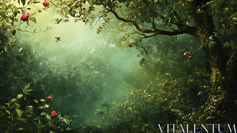 Luminous forest canopy with red roses and atmospheric depth field.