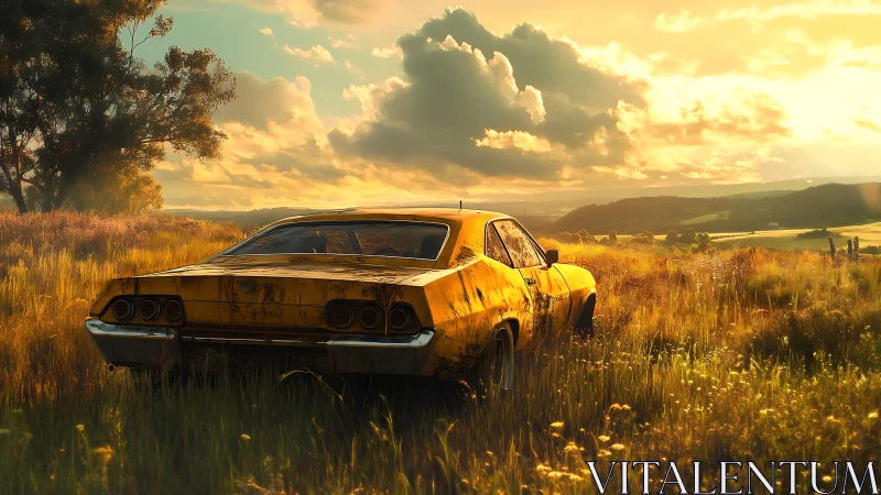 Weathered yellow car parked in overgrown rural field at dusk.