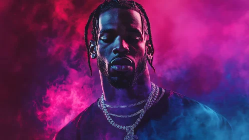 Neon-lit portrait of a calm rapper in vivid pink blue haze.