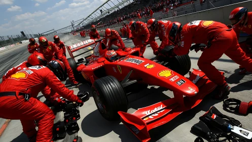 Scarlet pit-crew ballet freezes a Formula 1 heartbeat mid-race