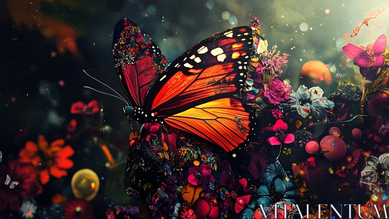 Monarch butterfly over glowing fantasy floral garden.