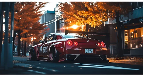 Modified red Nissan GT-R stands under warm autumn streetlight
