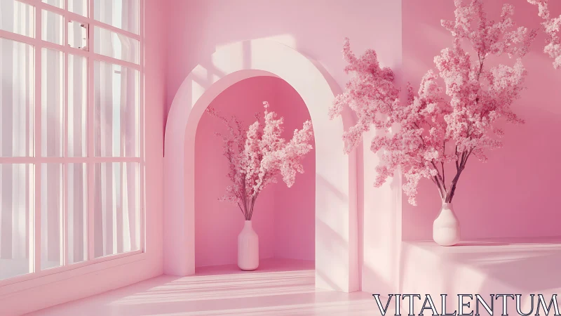 Monochrome pink interior with vases of flowering branches.