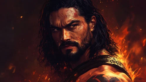 Battle-scarred warrior glares through rising flames in defiance.
