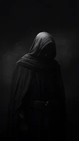 Mysterious hooded wanderer emerging from deep shadows.