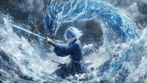Sword-wielding water mage with coiling blue dragon spirit.