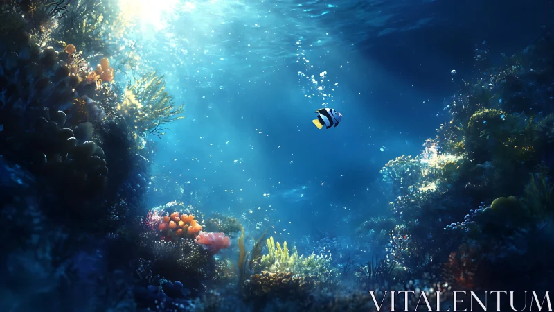 Solitary reef fish drifts through sunlit, tranquil ocean blue
