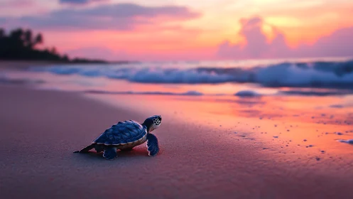 Tiny sea turtle begins a gentle journey along a glowing shore