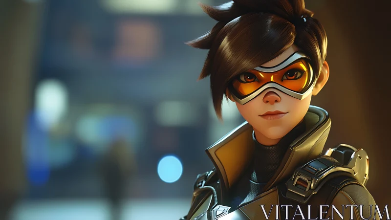 Bright-eyed sci‑fi heroine pausing in a soft city glow.