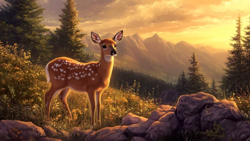 Young deer in sunlit meadow with mountain backdrop, digital art.