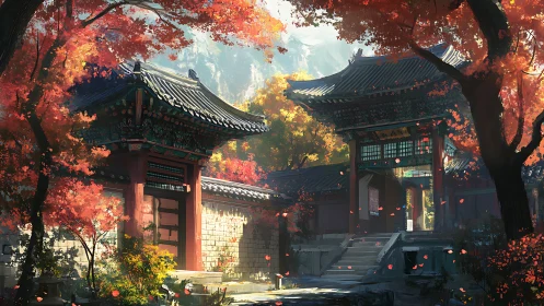 Serene temple courtyard basks in glowing autumn foliage.