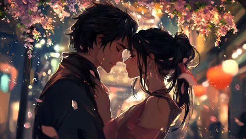 Twilight lovers beneath drifting cherry blossoms at dusk.