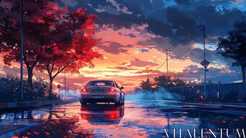 Sunset drive along rain-soaked suburban avenue.